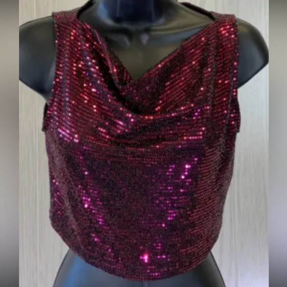 Sincerely Jules Hot Pink & Black Sequin Sparkle Cowl Neck Crop Top—Size M NWT 86 - Picture 6 of 9